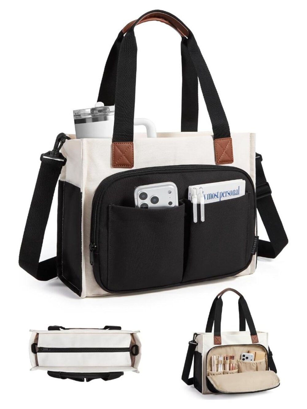 Canvas Tote Bag for Women Small Work Tote with Zipper Laptop Crossbody